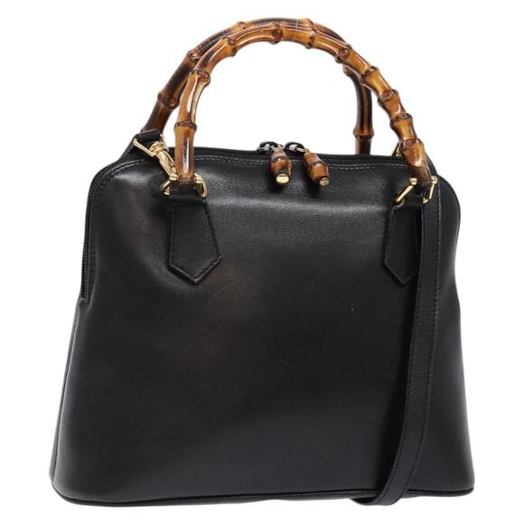 GUCCI Bamboo Hand Bag Leather Black Gold - Picture 1 of 16